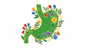 A flat folk-art vector illustration of a human stomach outlined with clusters of bellflowers, asters and olive sprigs.