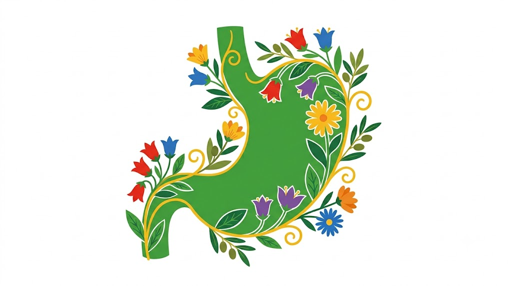A flat folk-art vector illustration of a human stomach outlined with clusters of bellflowers, asters and olive sprigs.