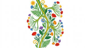 A flat folk-art vector illustration of the human vagus nerve framed by stylised flowers and curling vines on white.