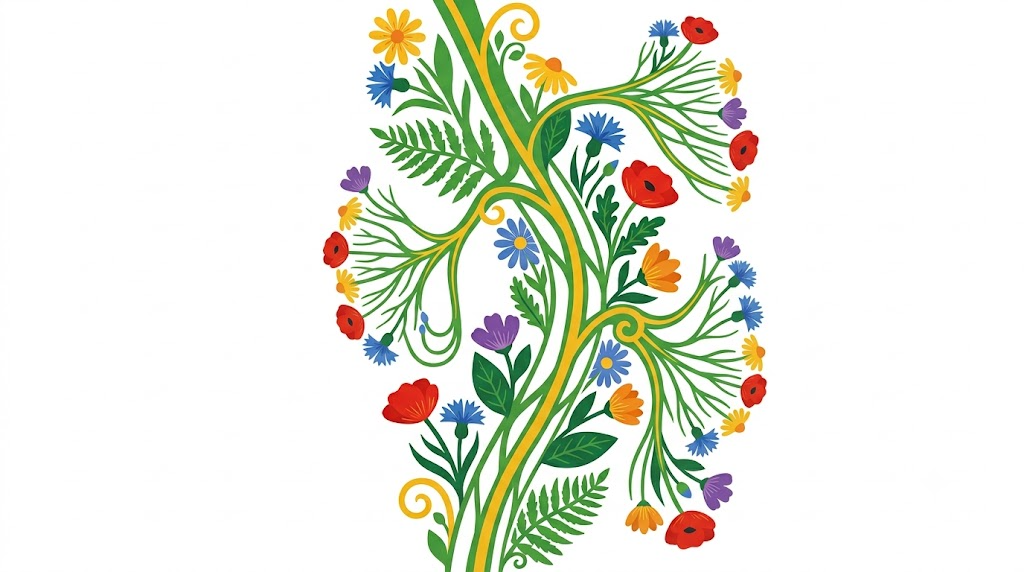 A flat folk-art vector illustration of the human vagus nerve framed by stylised flowers and curling vines on white.