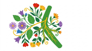 A flat folk-art vector illustration of a branching vagus nerve trunk among stylised flowers, leaves and a golden vine on a white background.