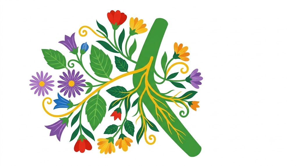 A flat folk-art vector illustration of a branching vagus nerve trunk among stylised flowers, leaves and a golden vine on a white background.