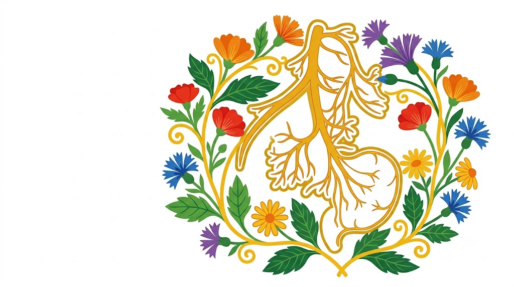 A flat folk-art vector illustration of the vagus nerve encircled by a wreath of cornflowers and daisies.