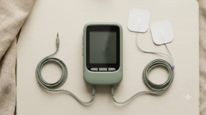 An overhead flat lay of a sage TENS unit with two coiled lead wires and electrode pads on a cream board.