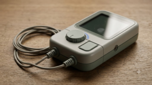 A small pale grey handheld nerve stimulator with a dial and two lead wires on a wooden surface