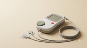 Photograph of a small unbranded TENS unit with a dial and two electrode leads on a plain backdrop.