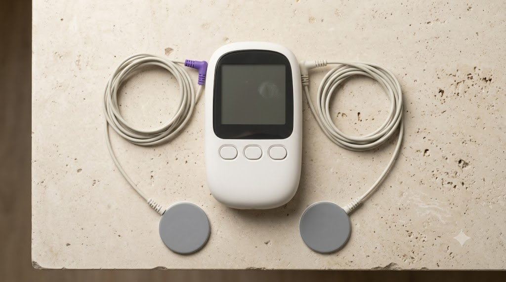 An unbranded TENS unit with two coiled lead wires and round electrode pads laid out on a pale stone shelf.