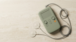 An unbranded sage TENS unit with coiled lead wires and two electrode pads on a pale stone shelf, shot from above.