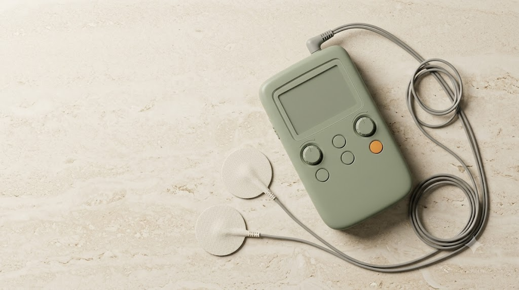 An unbranded sage TENS unit with coiled lead wires and two electrode pads on a pale stone shelf, shot from above.