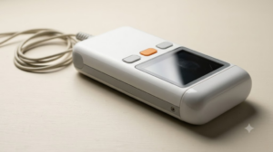 A small unbranded handheld nerve stimulator with a rounded tip and coiled cable on a matte cream painted board.