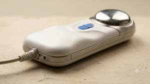 An unbranded white handheld nerve stimulator with a polished metal contact head and a blue button, on an unglazed clay tile.