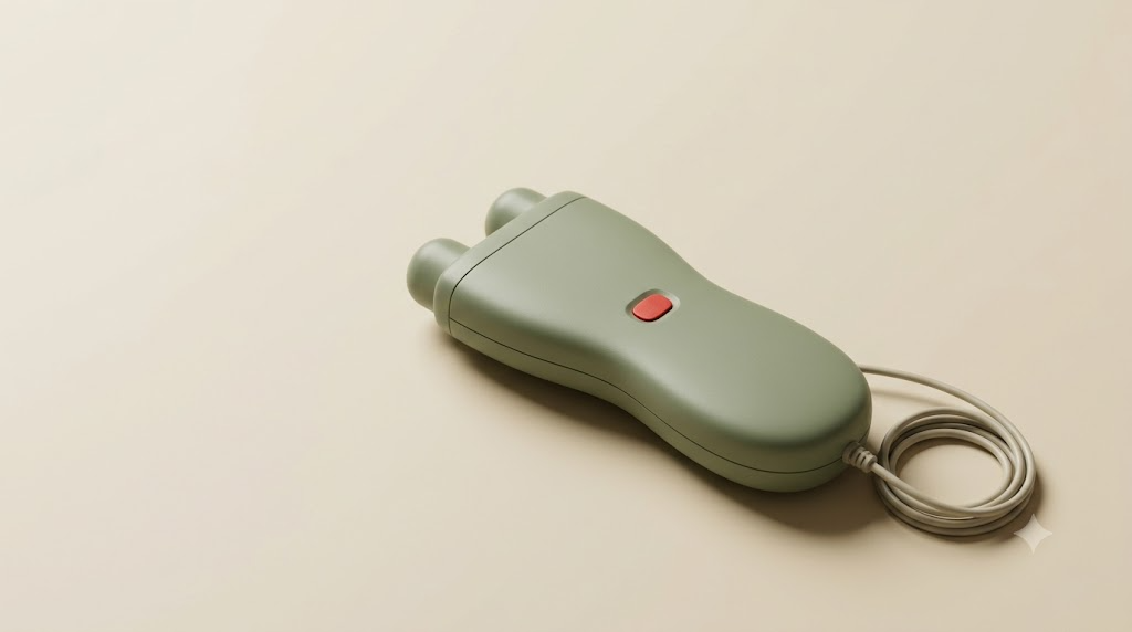 A small unbranded sage handheld nerve stimulator with two rounded contact heads on a matte cream surface.
