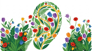 A flat folk-art vector illustration of a human outer ear framed by stylised flowers, leaves and curling vines on white.