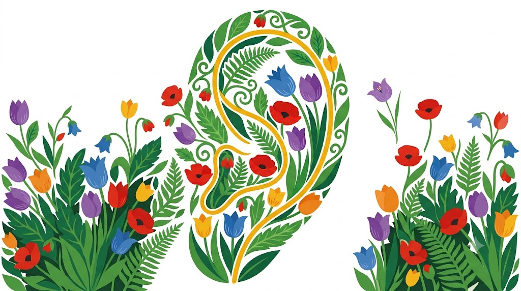 A flat folk-art vector illustration of a human outer ear framed by stylised flowers, leaves and curling vines on white.