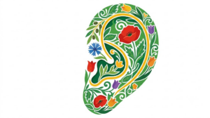 A flat folk-art vector illustration of a human ear silhouette against poppies, tulips and olive sprigs on white.