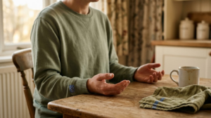 A person at a kitchen table breathing out slowly with both hands resting open on the table.