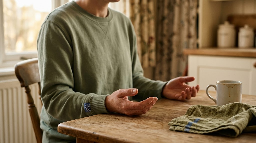 A person at a kitchen table breathing out slowly with both hands resting open on the table.