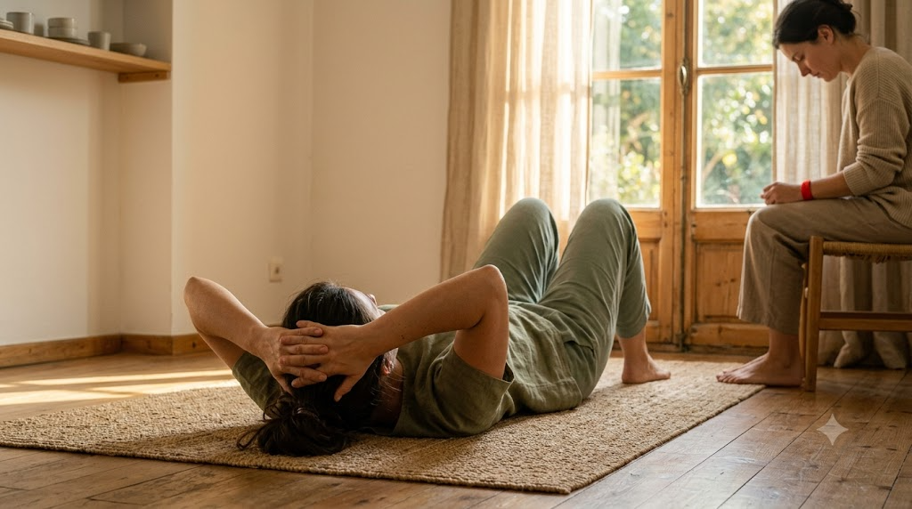 A person lying on their back on a mat with both hands cradling the back of their head in soft natural light.