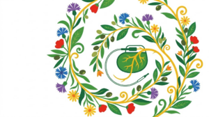 Flat vector illustration of a small implanted pulse generator with a lead wire, framed by folk-art flowers.