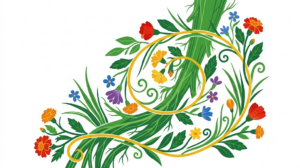 A flat folk-art vector illustration of the vagus nerve in the neck wound with vines, marigolds and grasses on a white background.