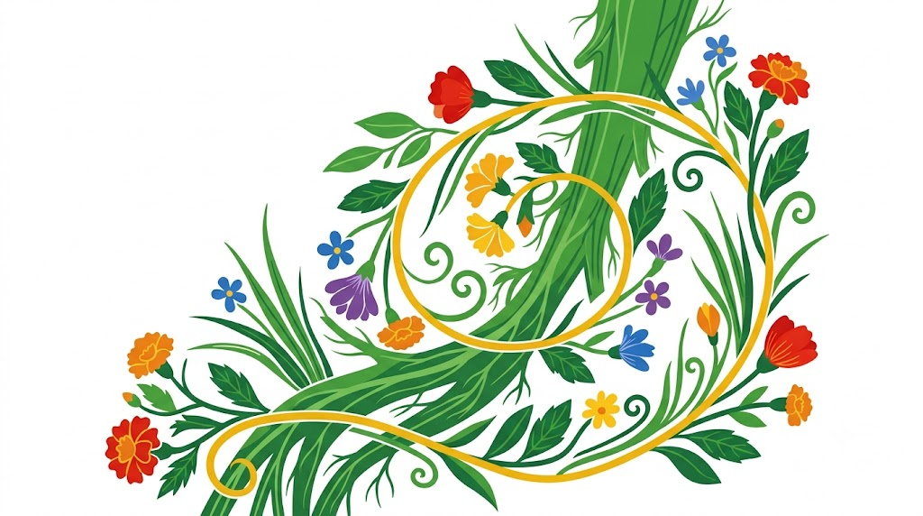 A flat folk-art vector illustration of the vagus nerve in the neck wound with vines, marigolds and grasses on a white background.