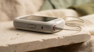 A low angle photograph of a small matte white pulse generator with a dark screen and a thin lead wire resting on a pale stone shelf.