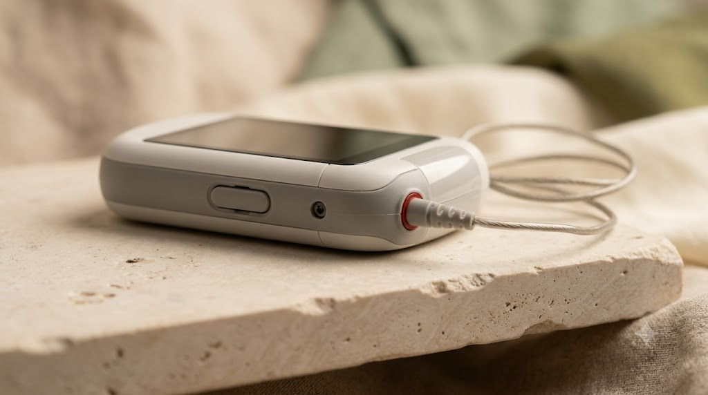 A low angle photograph of a small matte white pulse generator with a dark screen and a thin lead wire resting on a pale stone shelf.