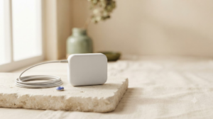 A small plain implantable pulse generator with a thin lead wire on a matte cream surface.