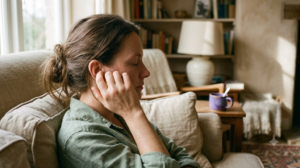 A person rubbing the rim of their own ear between finger and thumb in a warm room