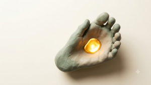 Overhead clay foot in sage and putty cupped like an open palm, cradling a shallow pool of molten golden light in its arch.