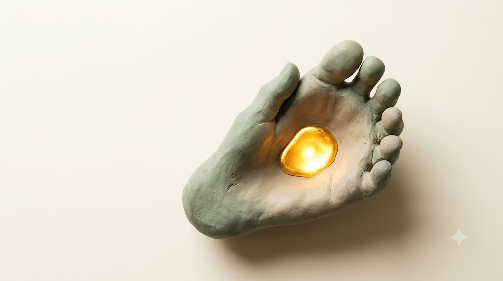 Overhead clay foot in sage and putty cupped like an open palm, cradling a shallow pool of molten golden light in its arch.