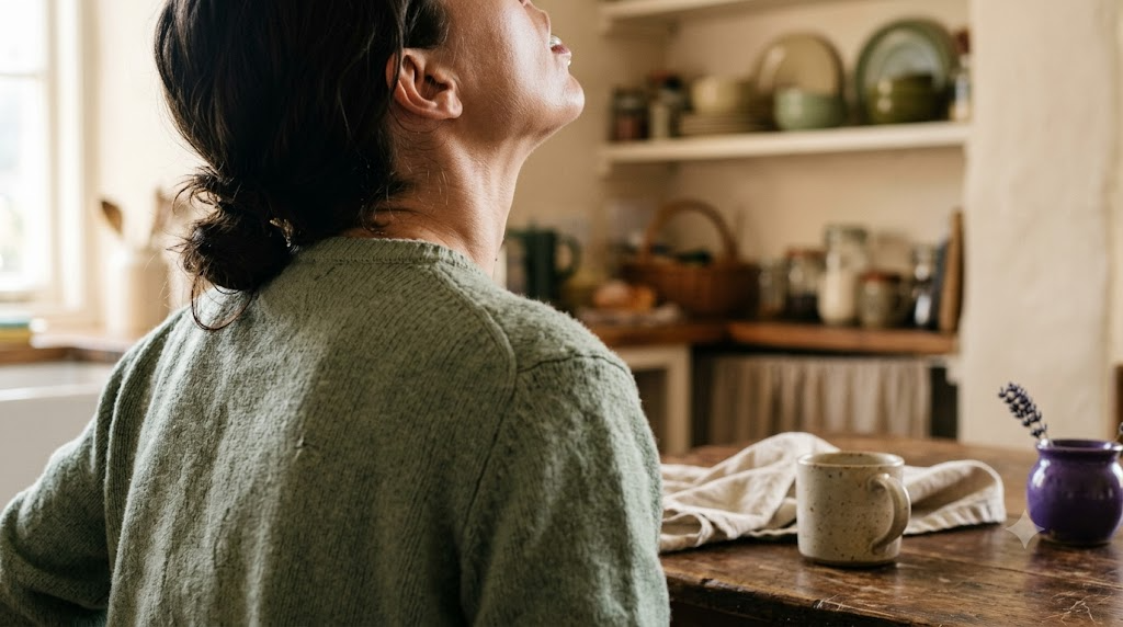 Seen over the shoulder at a kitchen table, a person tips their head back to gargle a mouthful of water.