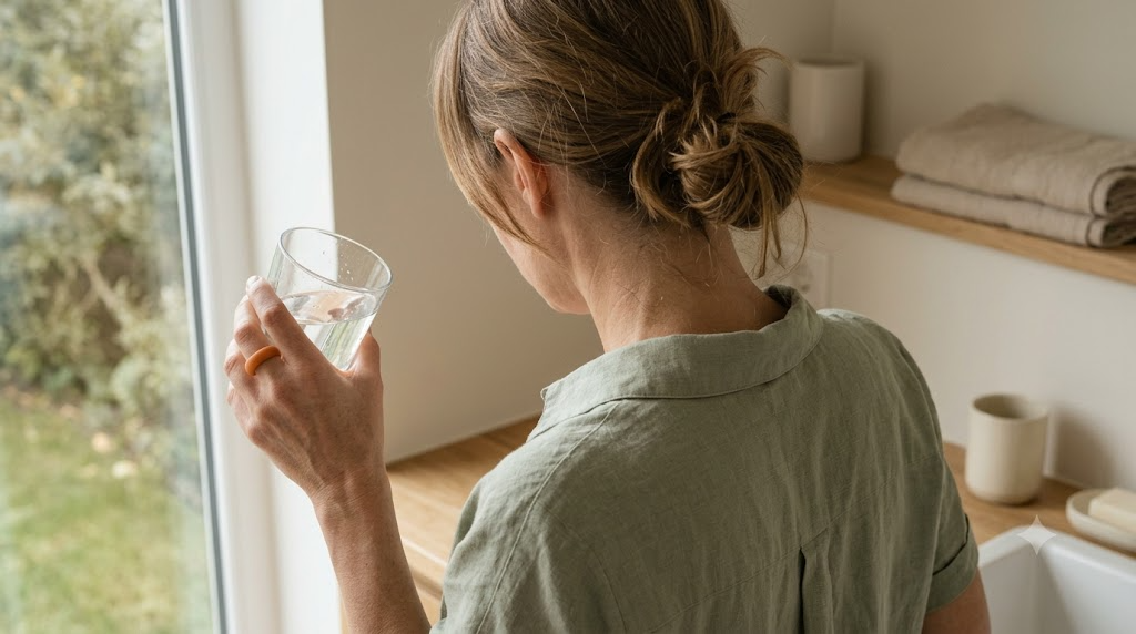 Seen over the shoulder, a person in a sage shirt holds a glass of water beside a bright window.