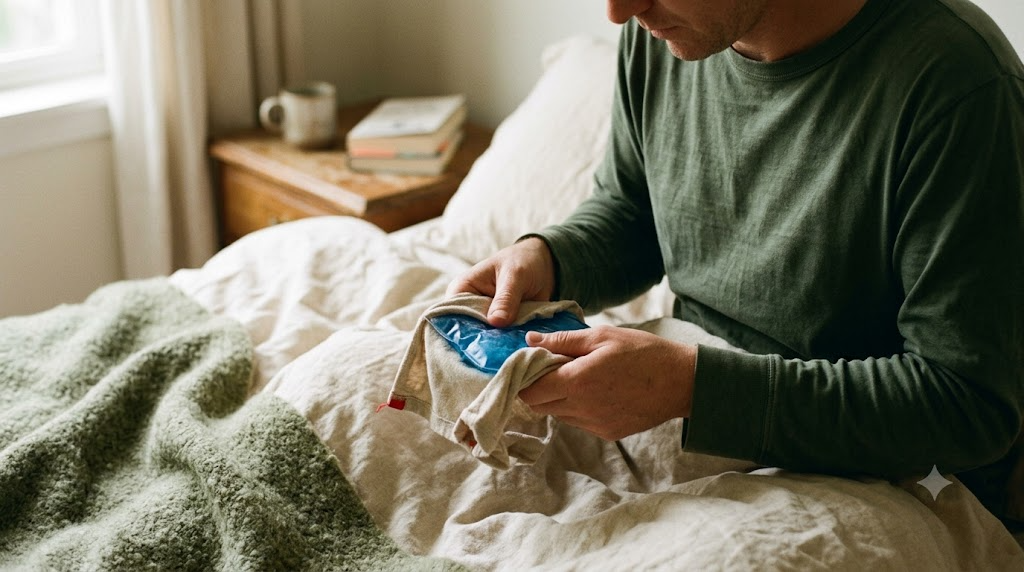 Hands wrapping an ice pack in a thin cloth on rumpled bed linen in soft window light.