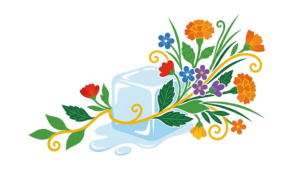 Flat vector folk-art illustration of an ice cube with a melting water droplet, surrounded by stylised blooms and foliage on a white background.