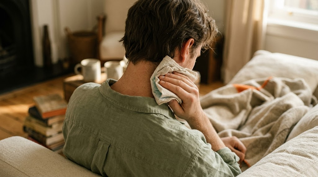 A person holding a cold compress against the side of their neck in a warm, lived-in room.