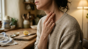 Cropped at the chin, a person strokes slowly down the side of their neck with two fingertips in warm lamplight.