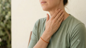 A person cropped at the chin massaging the side of their own neck with their fingertips in soft diffuse daylight.