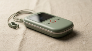 A small unbranded sage green handheld nerve stimulator with an ear clip on a coiled cable, photographed on slubby linen cloth.
