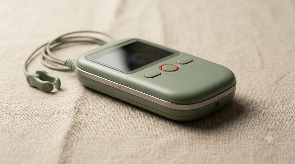 A small unbranded sage green handheld nerve stimulator with an ear clip on a coiled cable, photographed on slubby linen cloth.