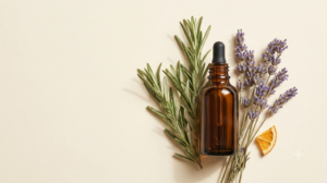 Overhead flat lay of an amber glass dropper bottle of oil with rosemary and lavender sprigs on cream paper.