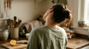 A person seen from behind at a wooden kitchen counter tilting their head to one side to stretch their neck in warm late afternoon light.