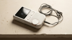 A small handheld nerve stimulator with a dial and two ear-clip electrodes on thin wires, photographed from above on a pale stone shelf.