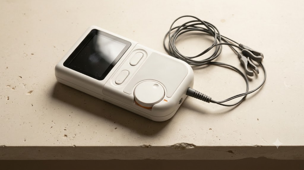 A small handheld nerve stimulator with a dial and two ear-clip electrodes on thin wires, photographed from above on a pale stone shelf.