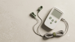 A plain small cranial electrotherapy stimulator with two ear clip electrodes on thin wires, photographed on a plain surface.