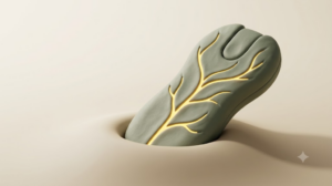 A sculpted matte clay handheld vagus nerve stimulator, marked by one bright golden light element.