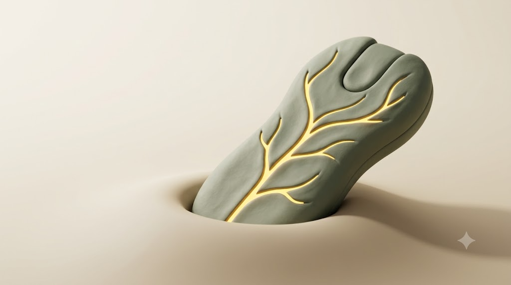 A sculpted matte clay handheld vagus nerve stimulator, marked by one bright golden light element.