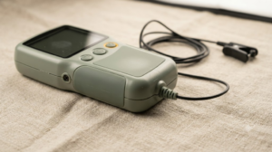 A sage handheld nerve stimulator with an ear clip lead resting on slubby linen cloth.