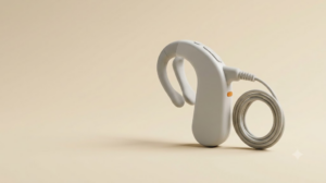 A product photograph of a small plain ear-worn nerve stimulator with a soft ear clip and a short cable on a plain backdrop.