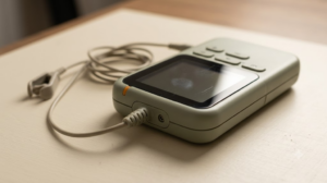 A pale sage handheld nerve stimulator with an ear clip and looped cable on a cream painted board.